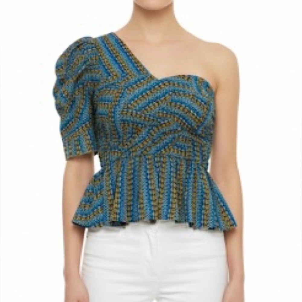NWT BCBGMaxAzria Top One Shoulder Peplum Puff Sleeve Ruffle Shirt S